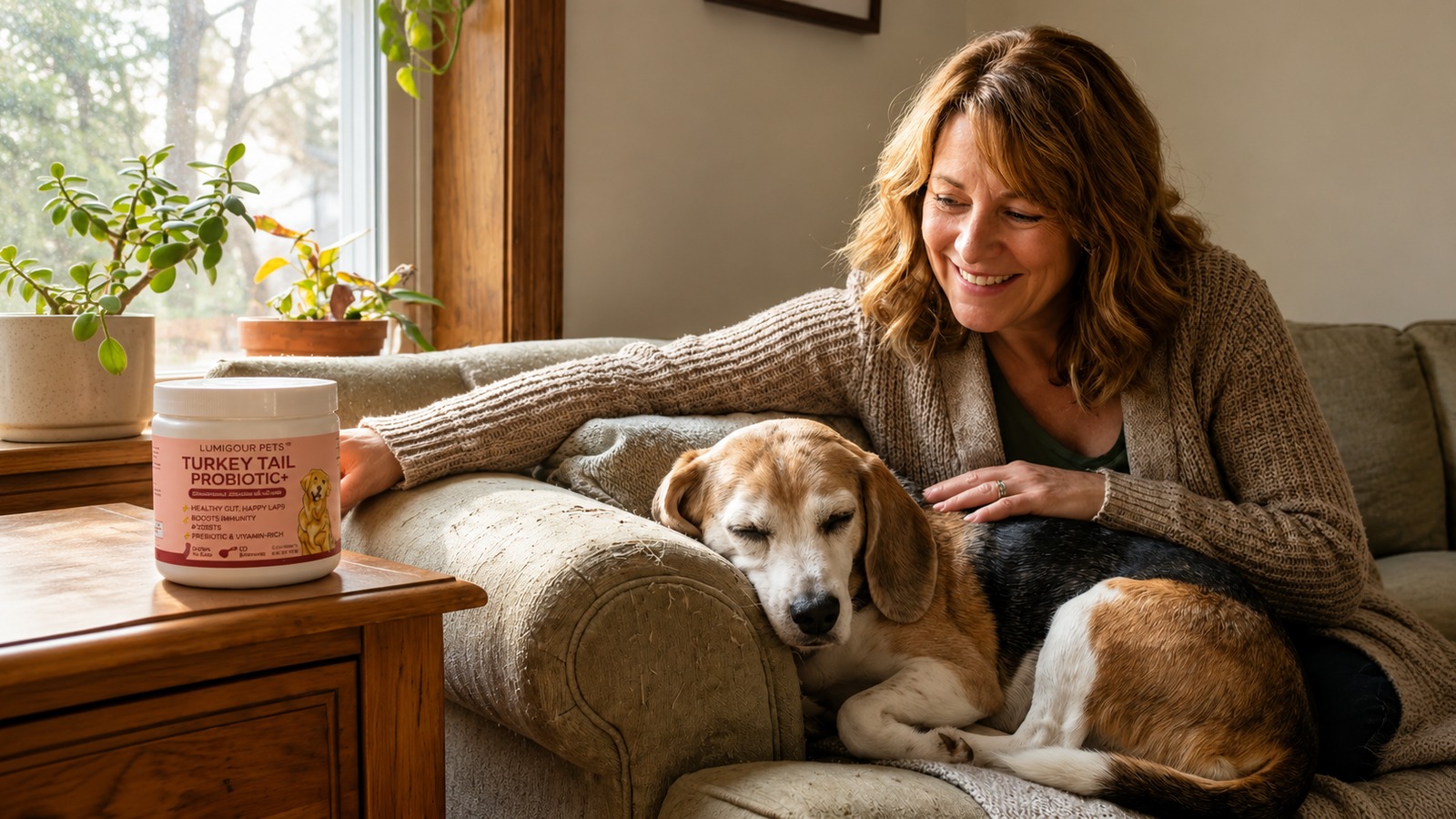 A dog owner with her senior dog and Lumiqour Turkey Tail+ Probiotic